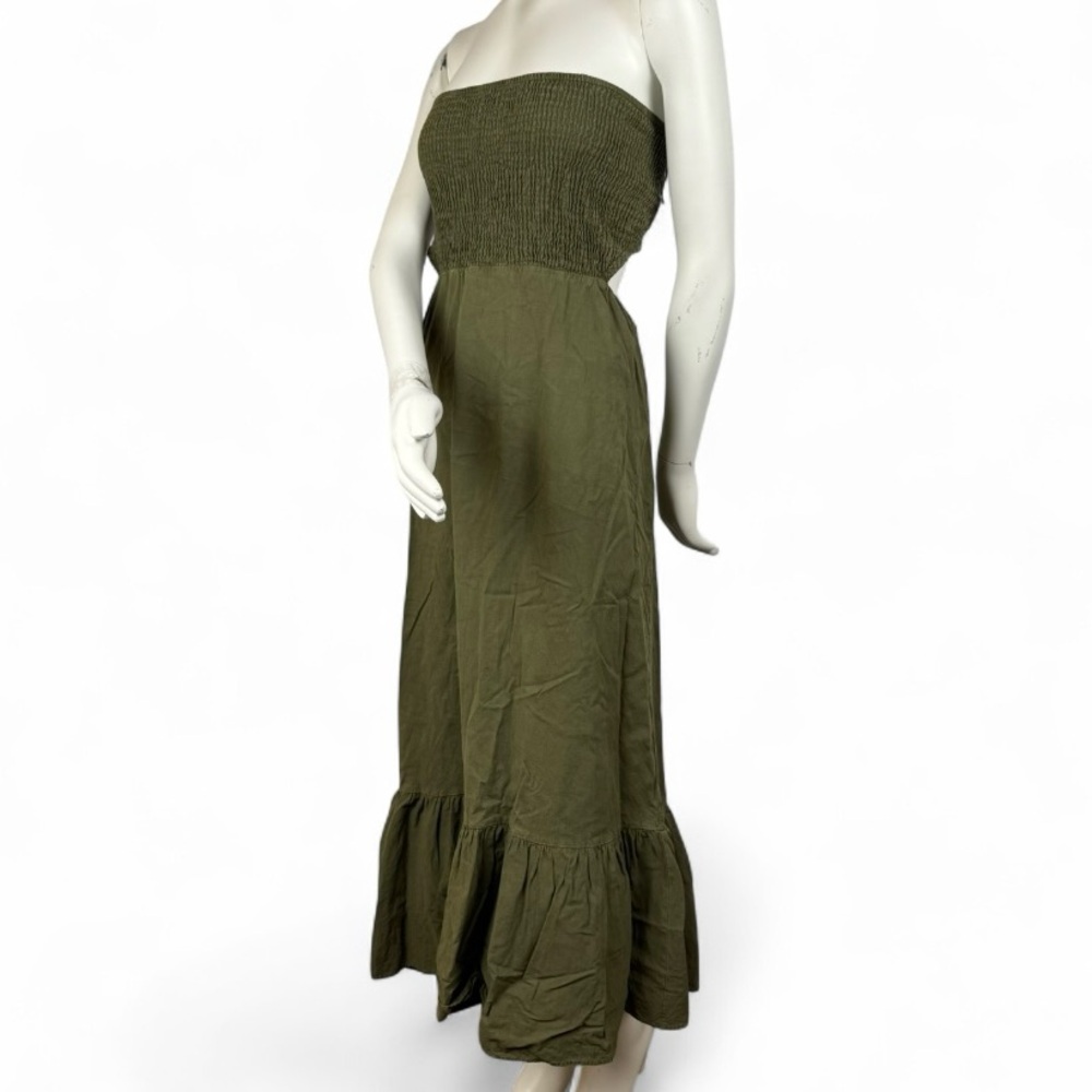 Zara Green Linen Strapless Smocked Open Back Blend Cut Out Maxi Dress Size Large